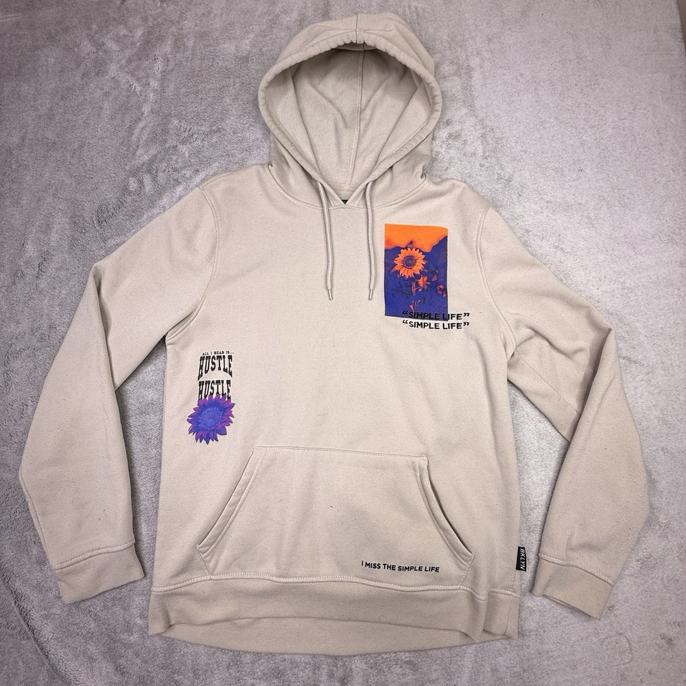 Brooklyn Cloth Beige Fleece Pullover Hoodie Graphic Print Men's L Hooded Pockets